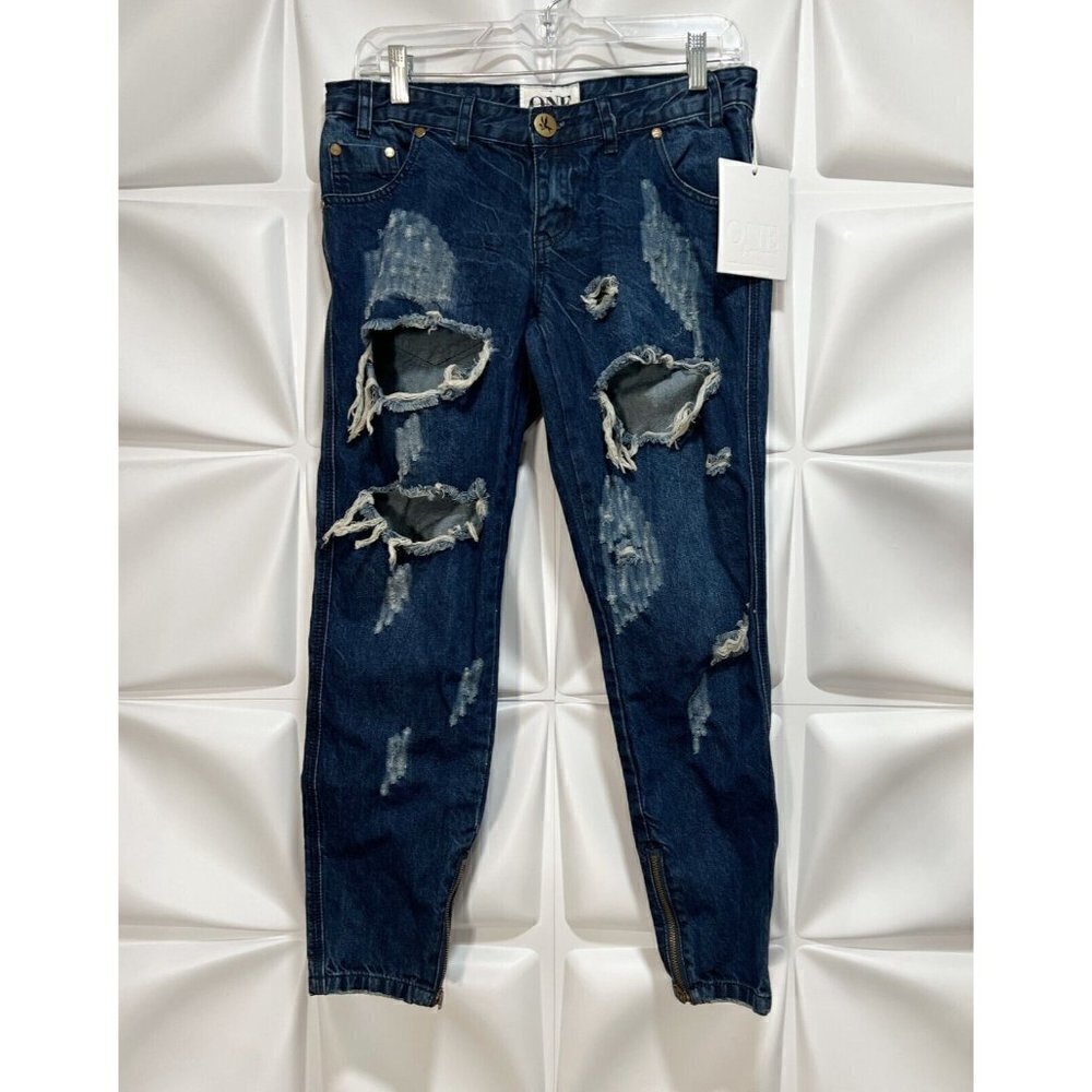 One Teaspoon Sz 27 Trashed Freebirds Crop Denim Jeans Skinny Dark Blue Women NWT